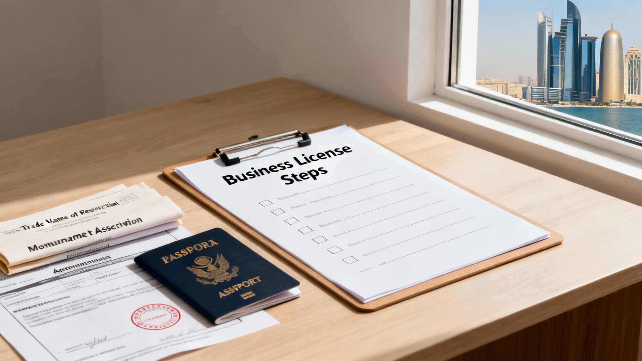 A desk with a business license steps checklist, passport, and documents, overlooking a city skyline.