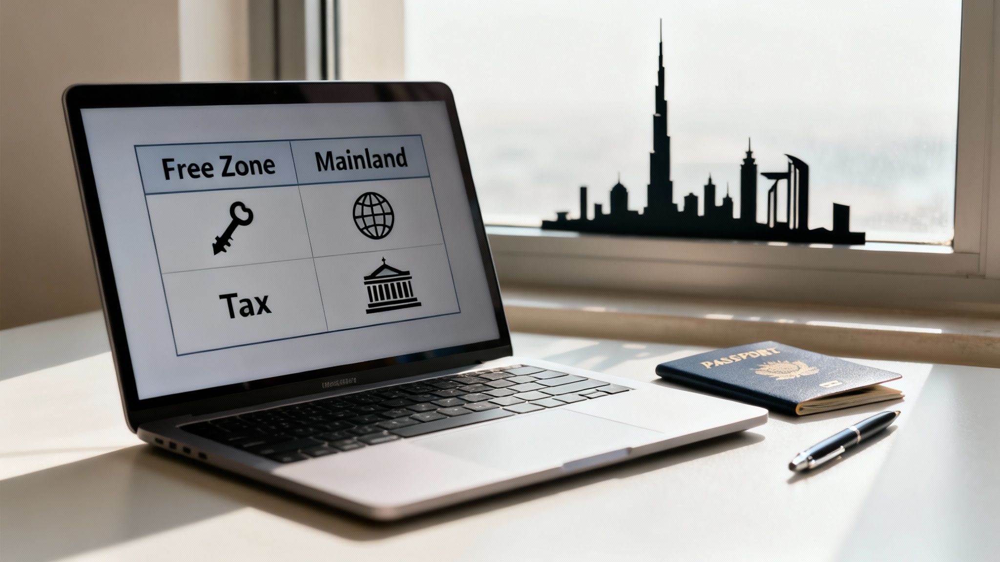 A laptop displays a grid comparing Free Zone and Mainland business setups, with a passport and pen on the desk, against a Dubai skyline silhouette.