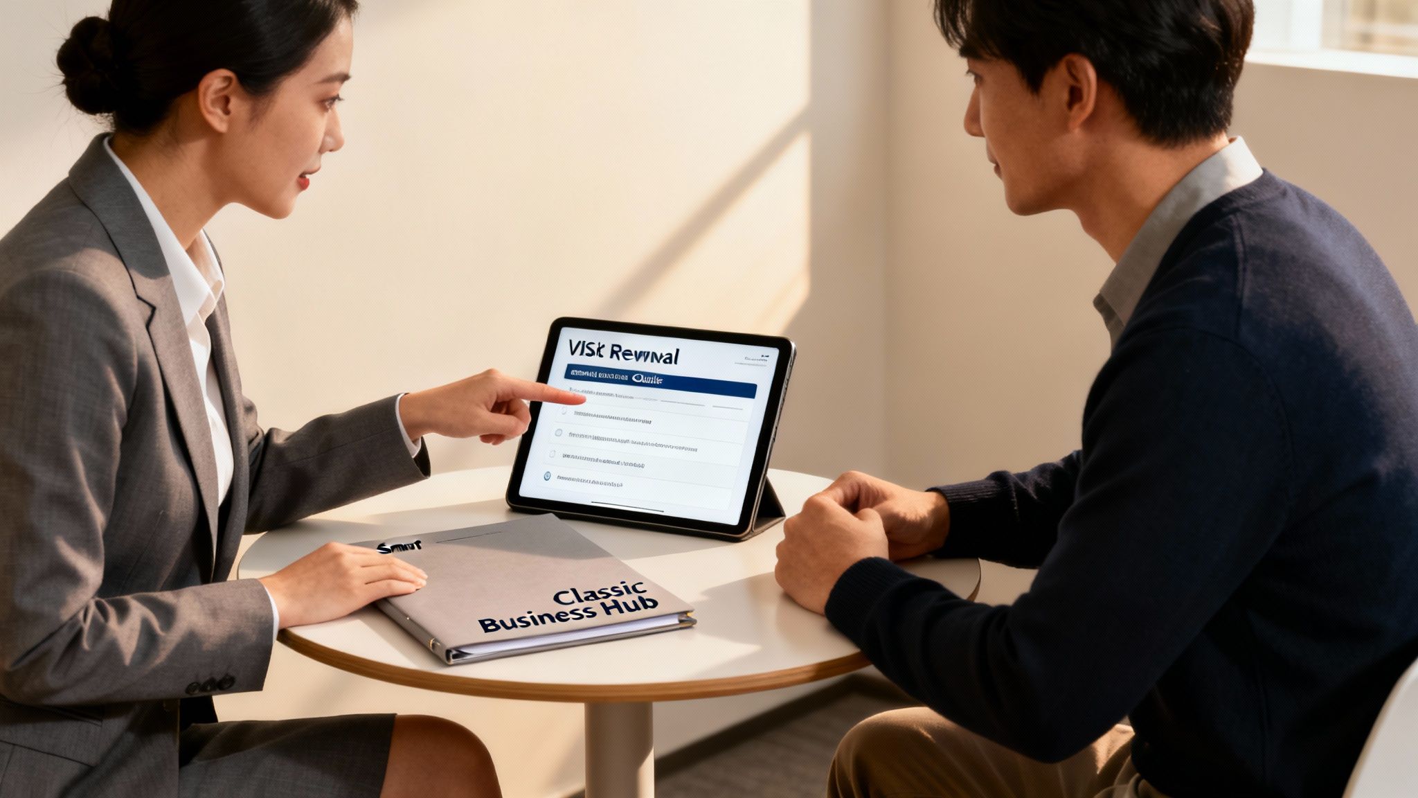 A businesswoman points to a visa renewal application on a tablet for a male client during a meeting.