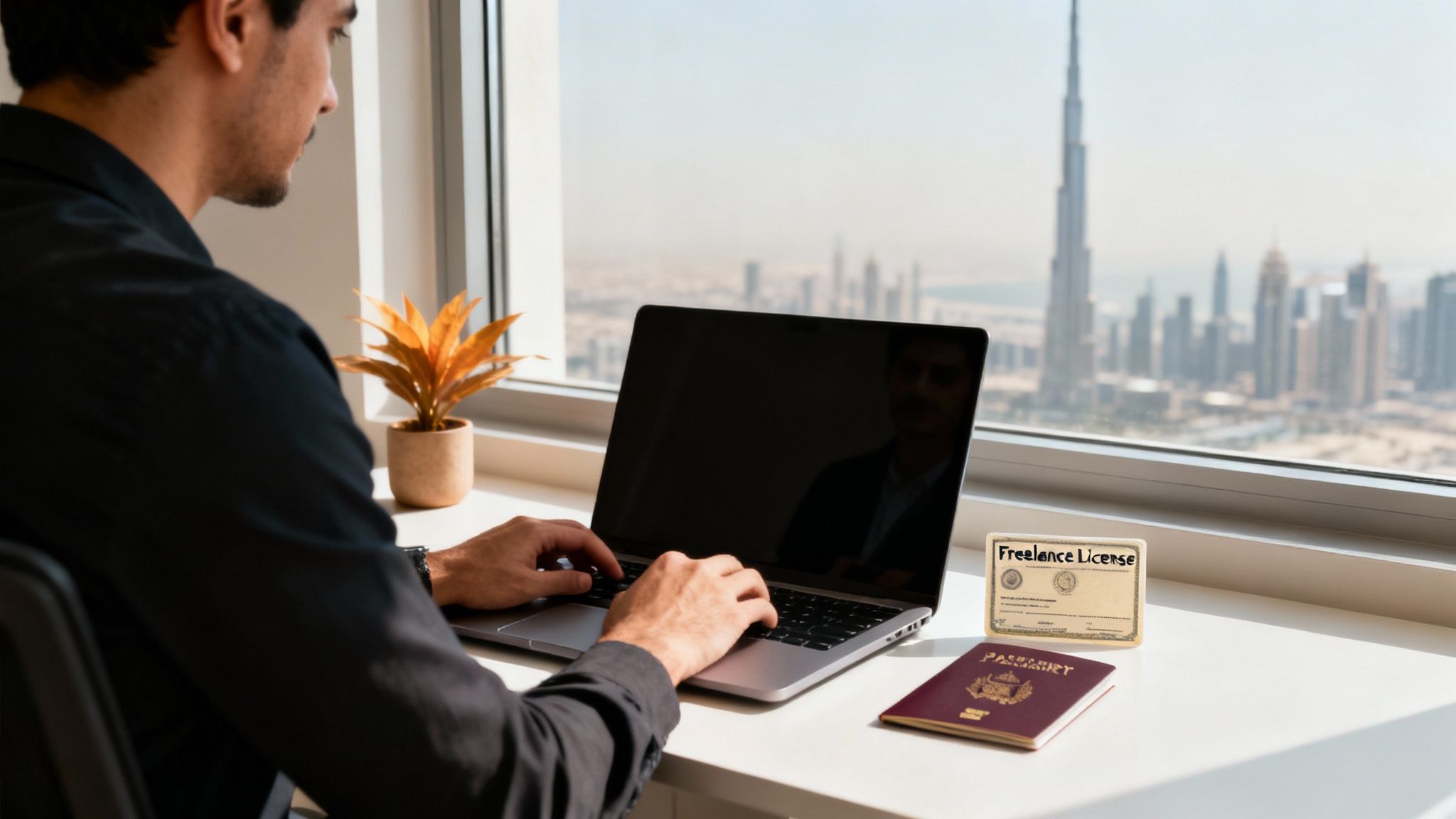 Man typing on a laptop with a freelance license and passport, overlooking Dubai city skyline.