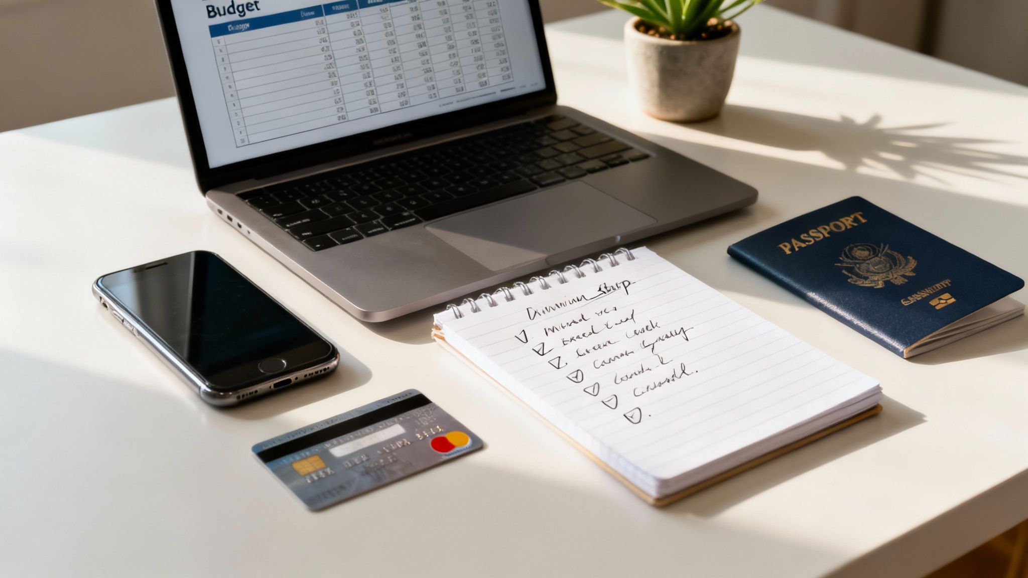 A desk with a laptop, passport, credit card, phone, and travel checklist for planning a trip.