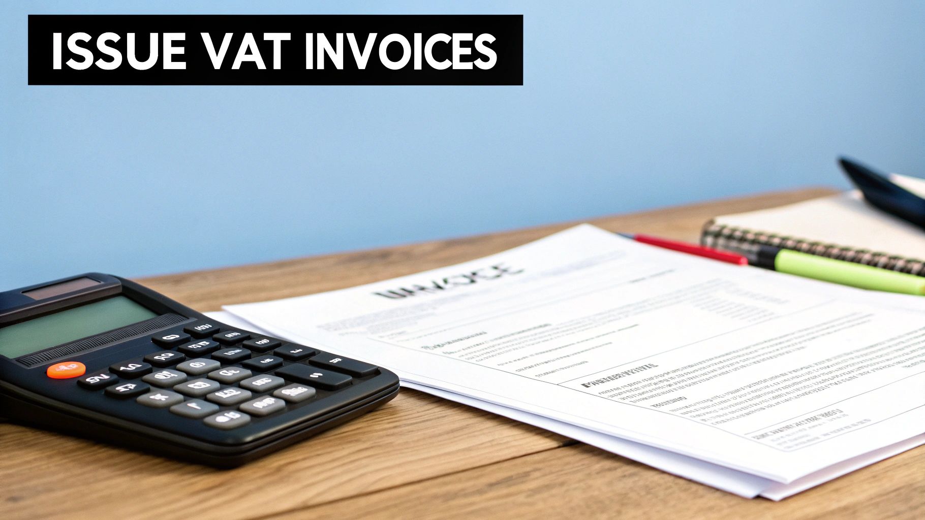 A desk with a calculator, invoice documents, and pens, featuring a 'ISSUE VAT INVOICES' overlay.
