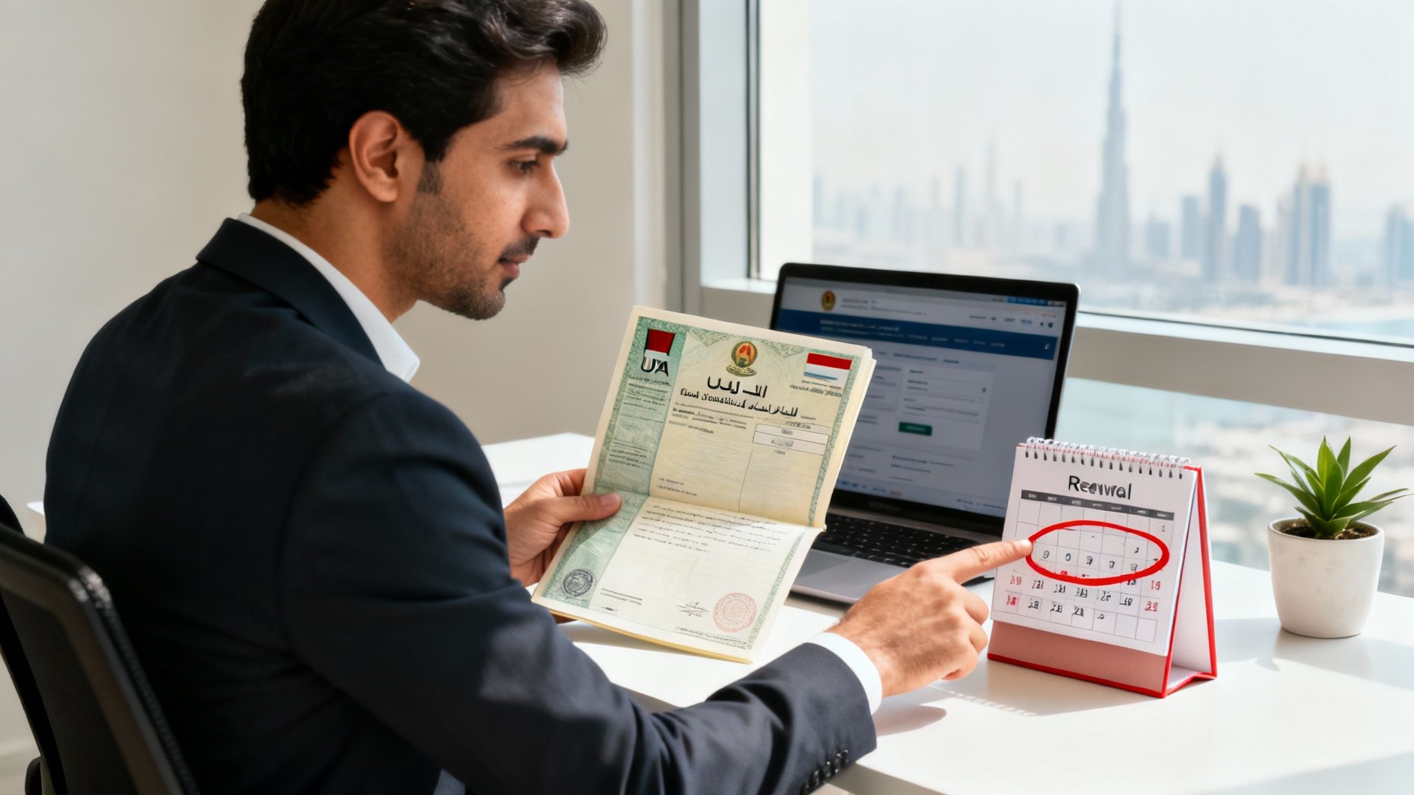 Businessman reviews a trade license and points to a renewal date on a calendar, overlooking Dubai.