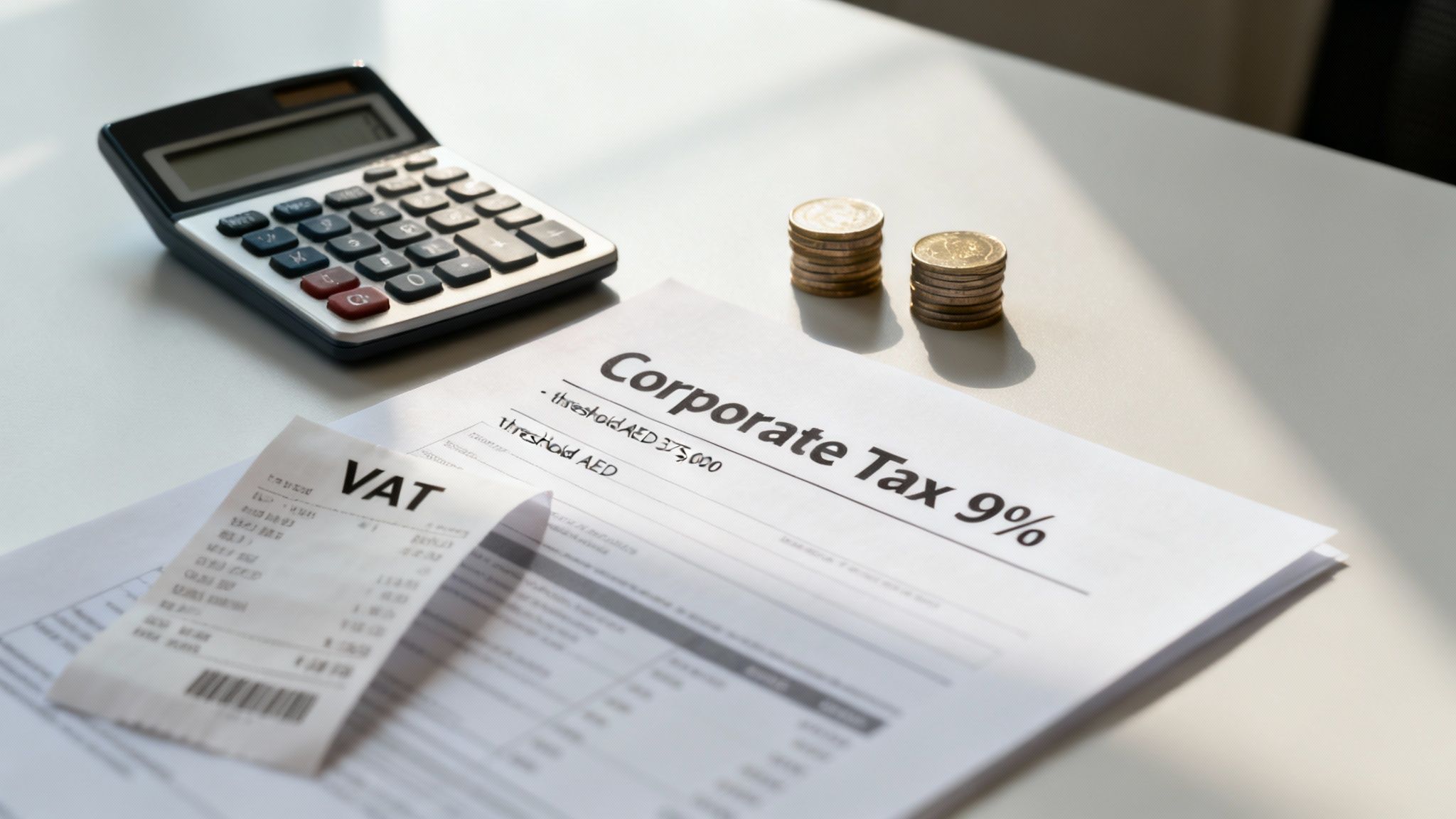 Calculator, stacks of coins, VAT receipt, and 'Corporate Tax 9%' document on a table.