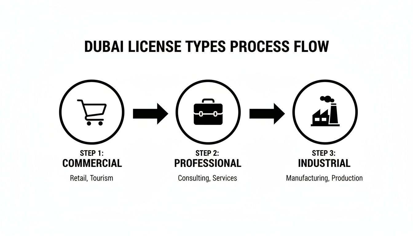 Process flow illustrating Dubai license types: Commercial, Professional, and Industrial sectors with examples.