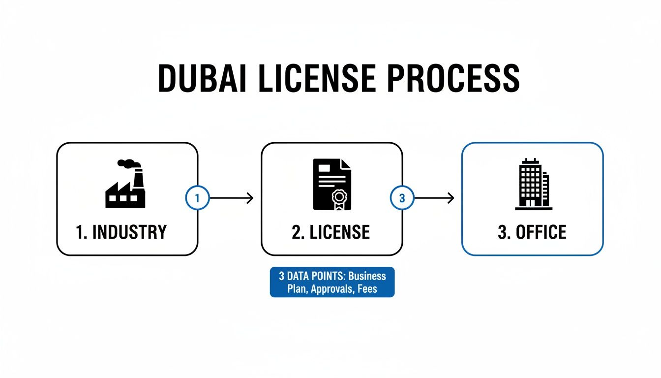 Flowchart illustrating the Dubai license process steps: Industry, License (with data points), and Office.