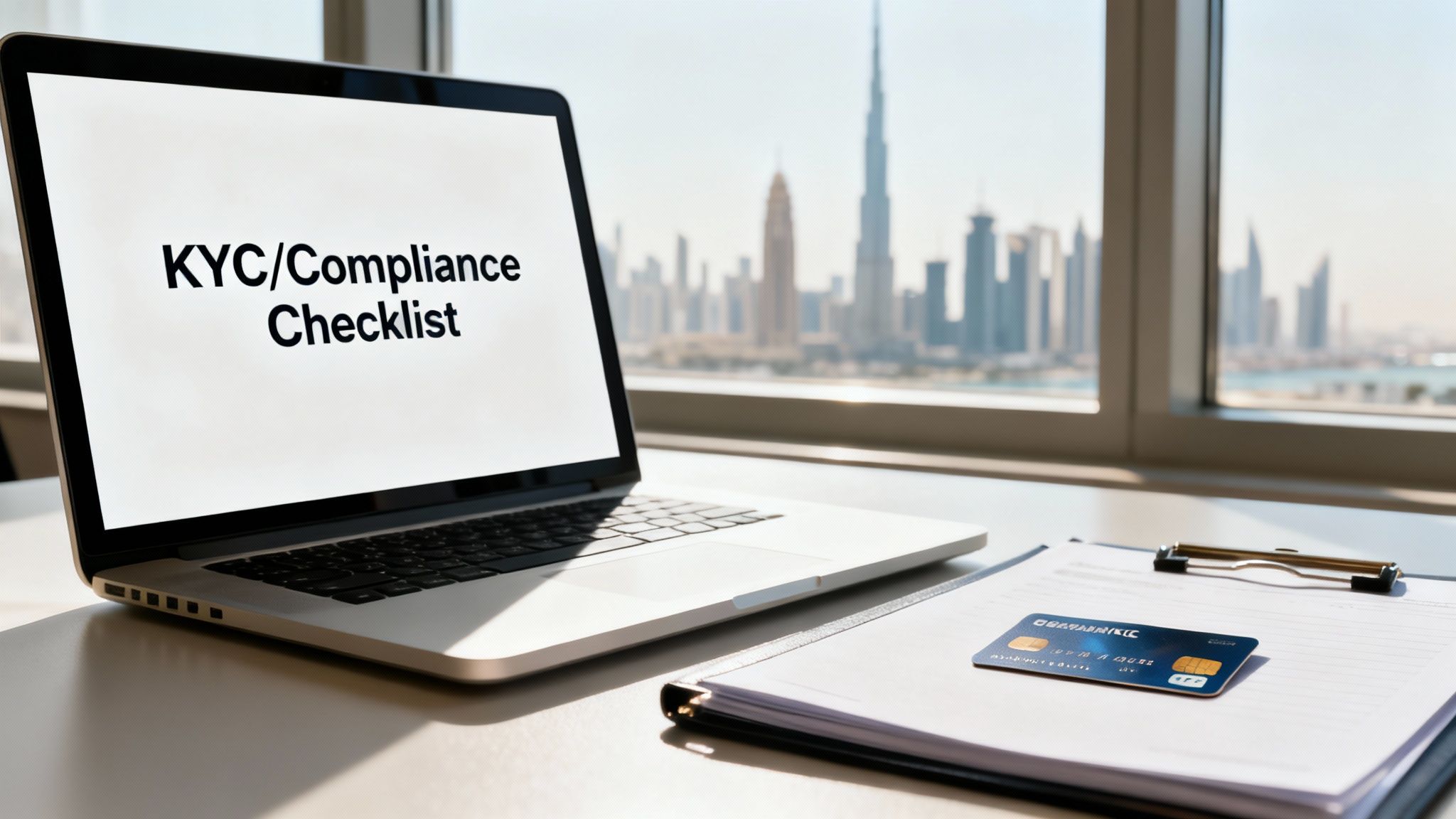 Laptop displaying a 'KYC/Compliance Checklist' next to a credit card and documents, with a Dubai skyline view.