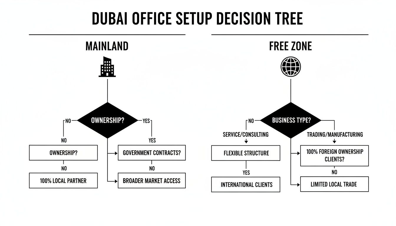 Decision tree illustrating Dubai office setup options for Mainland and Free Zone, detailing ownership and business type.