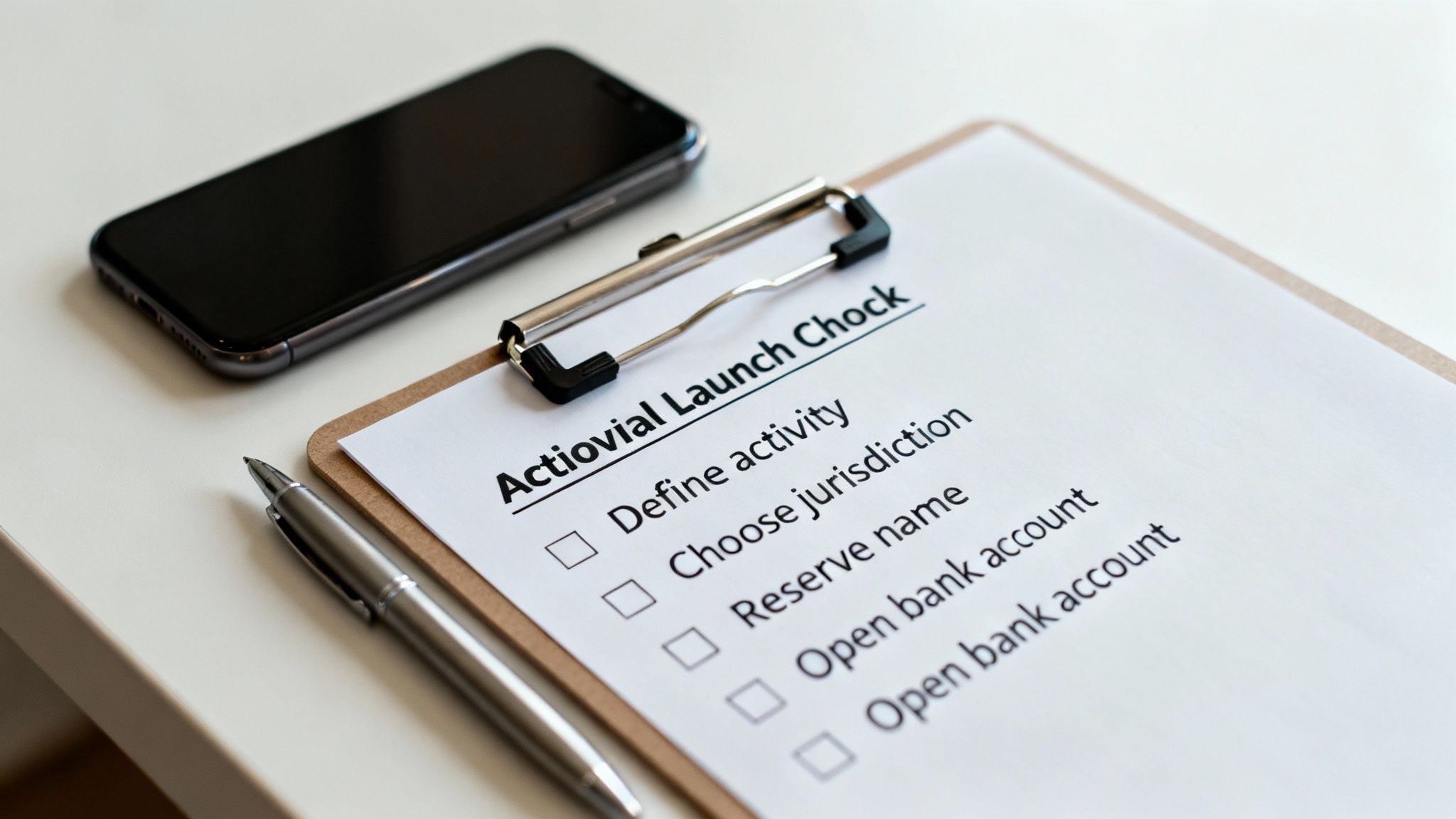 A checklist for a business launch on a clipboard with a smartphone and a pen.