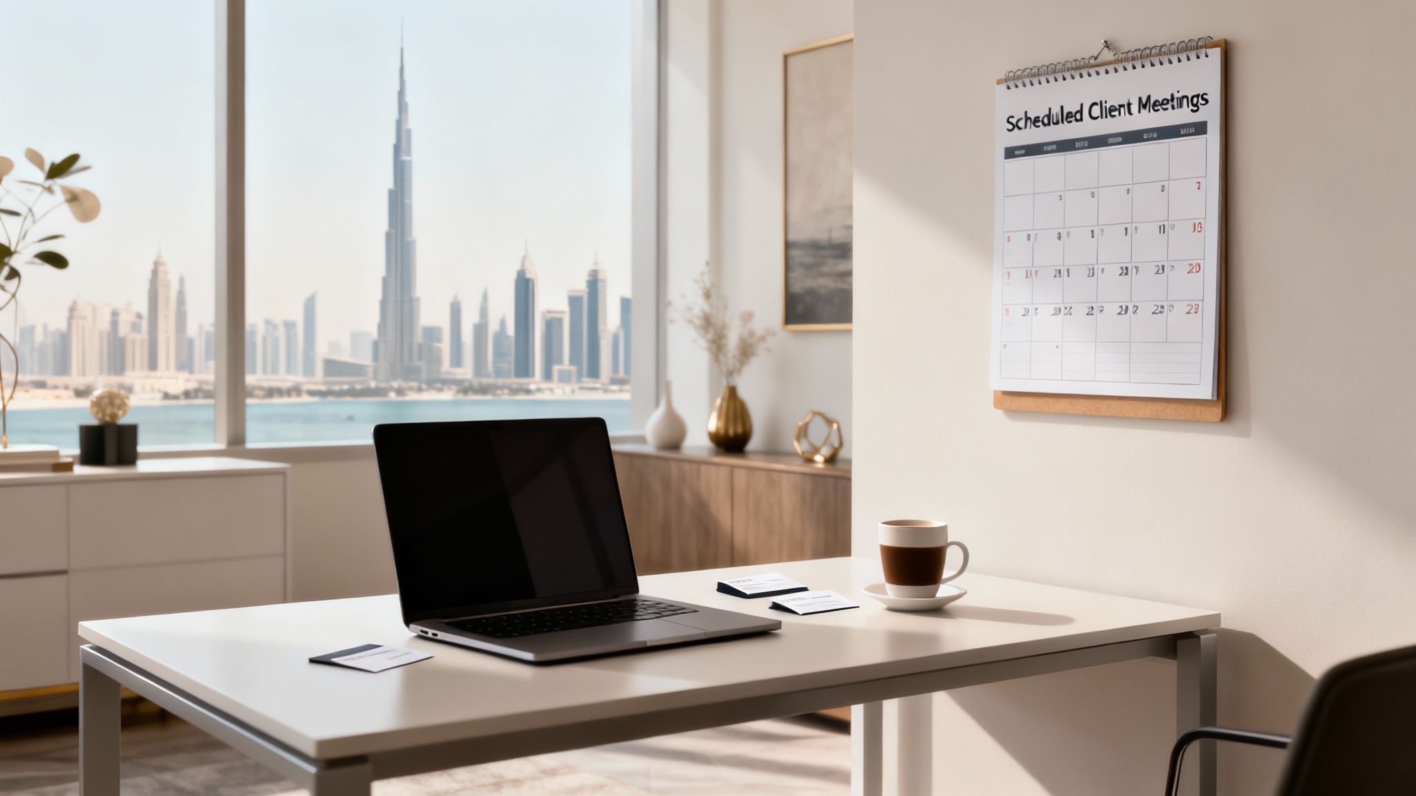 A modern office space with a laptop, coffee, and calendar, overlooking the Dubai skyline and the Burj Khalifa.