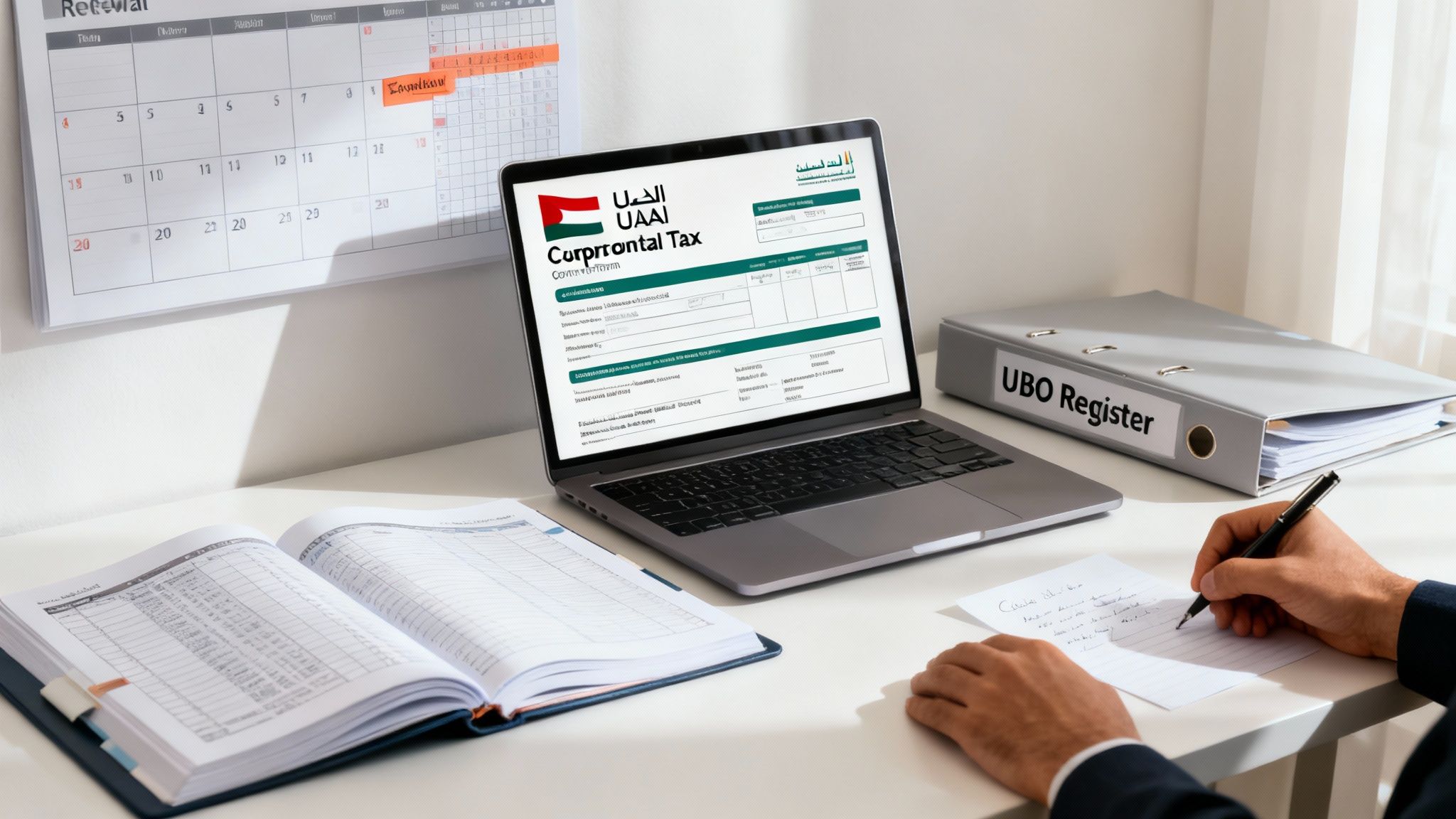 A person works on UAE Corporate Tax forms on a laptop, with a UBO Register binder.