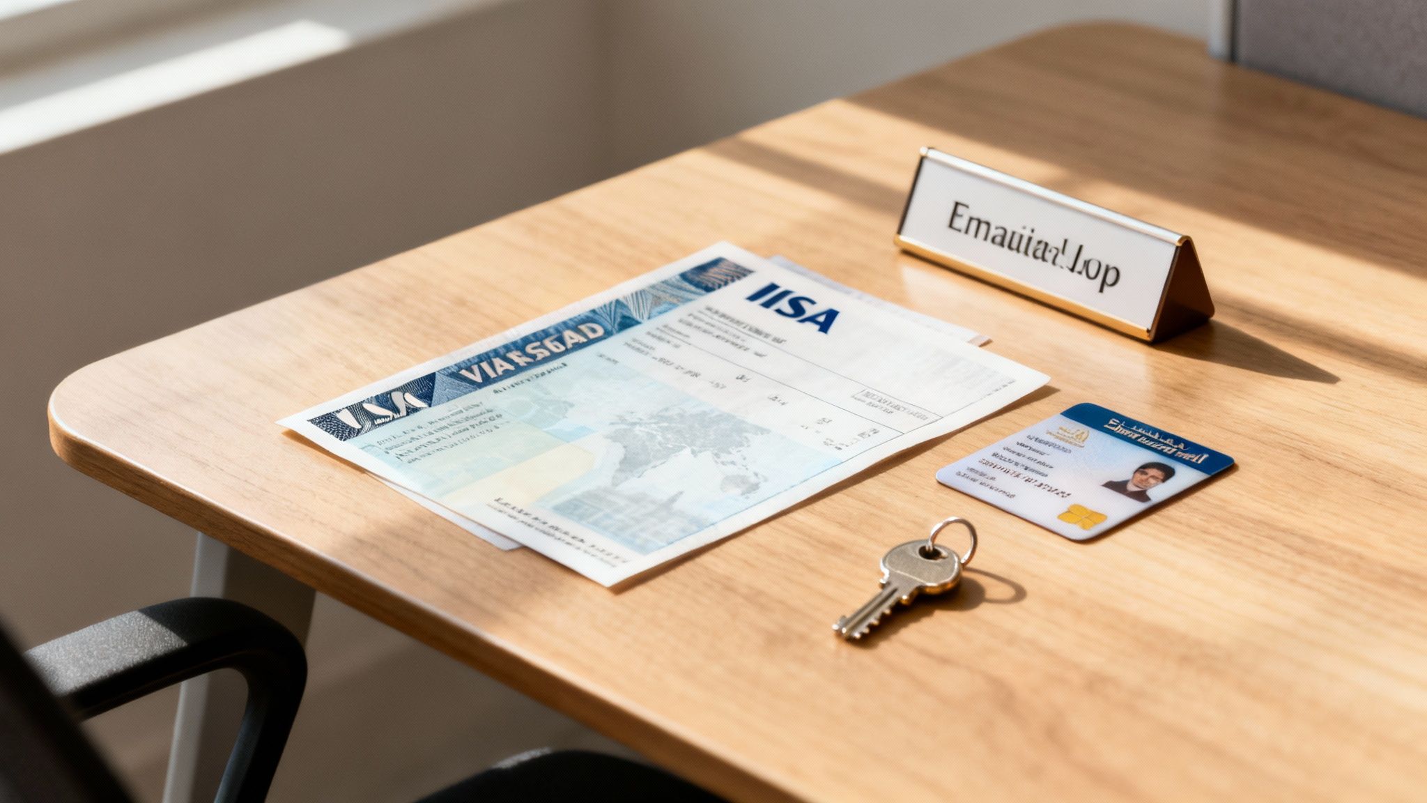Office desk with a document, ID card, key, and nameplate, under natural light.
