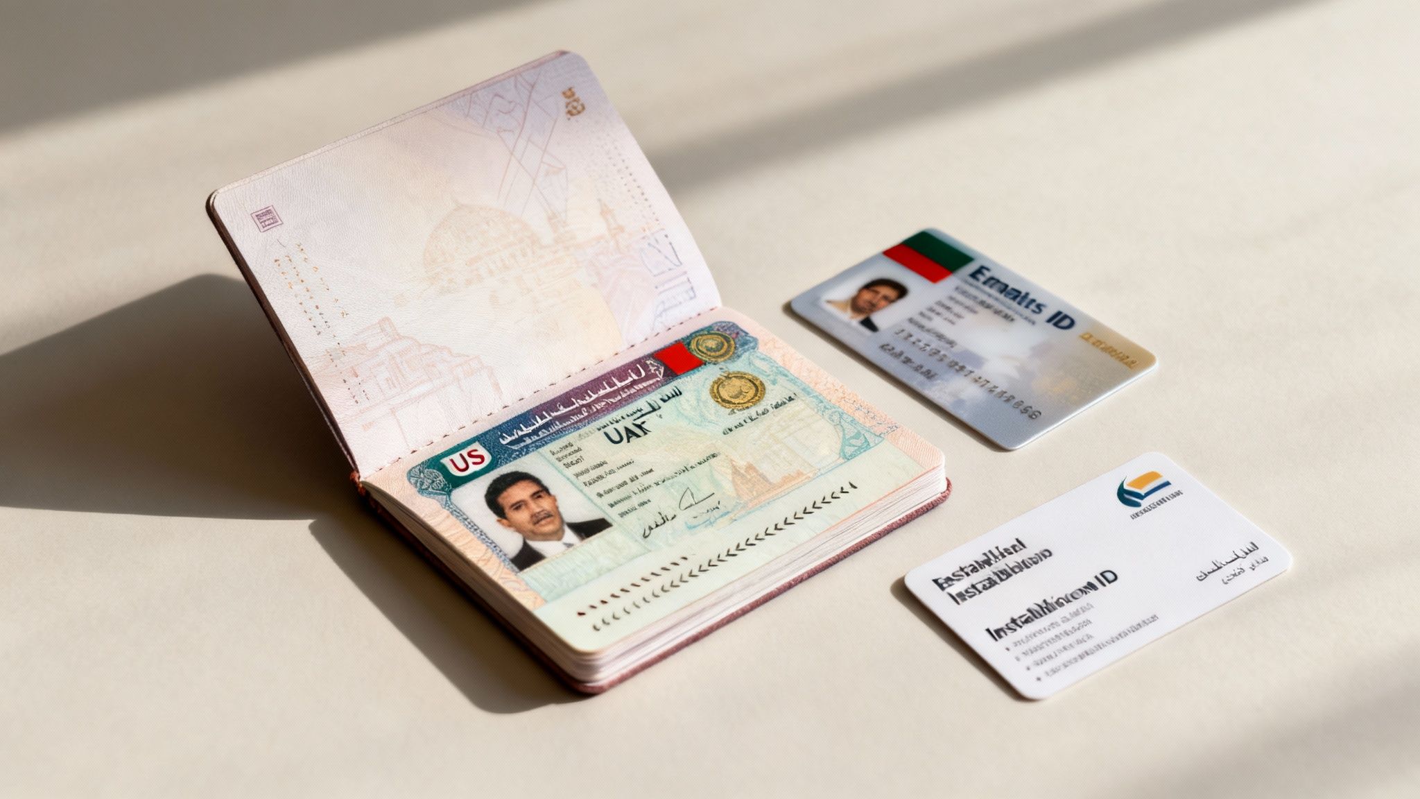 Open passport displaying a UAE visa page, alongside two identification cards.