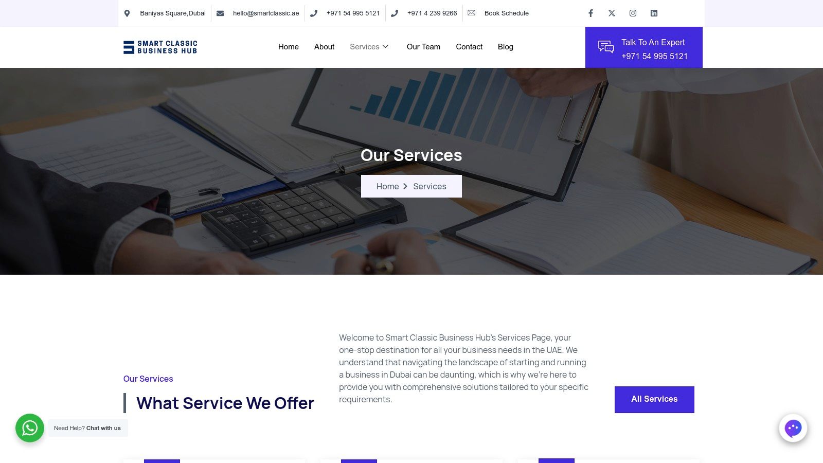 An image showcasing the range of business services offered, including company setup, accounting, and advisory, set against a modern Dubai backdrop.