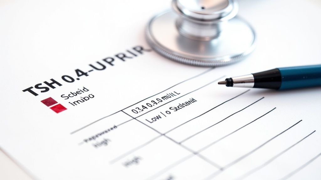 Close-up of a medical lab report for TSH levels, with a stethoscope and a pen.