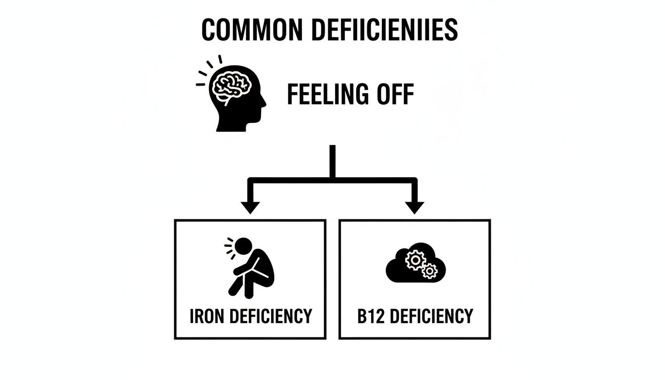 Diagram illustrating common deficiencies like iron and B12 that can cause feeling off.