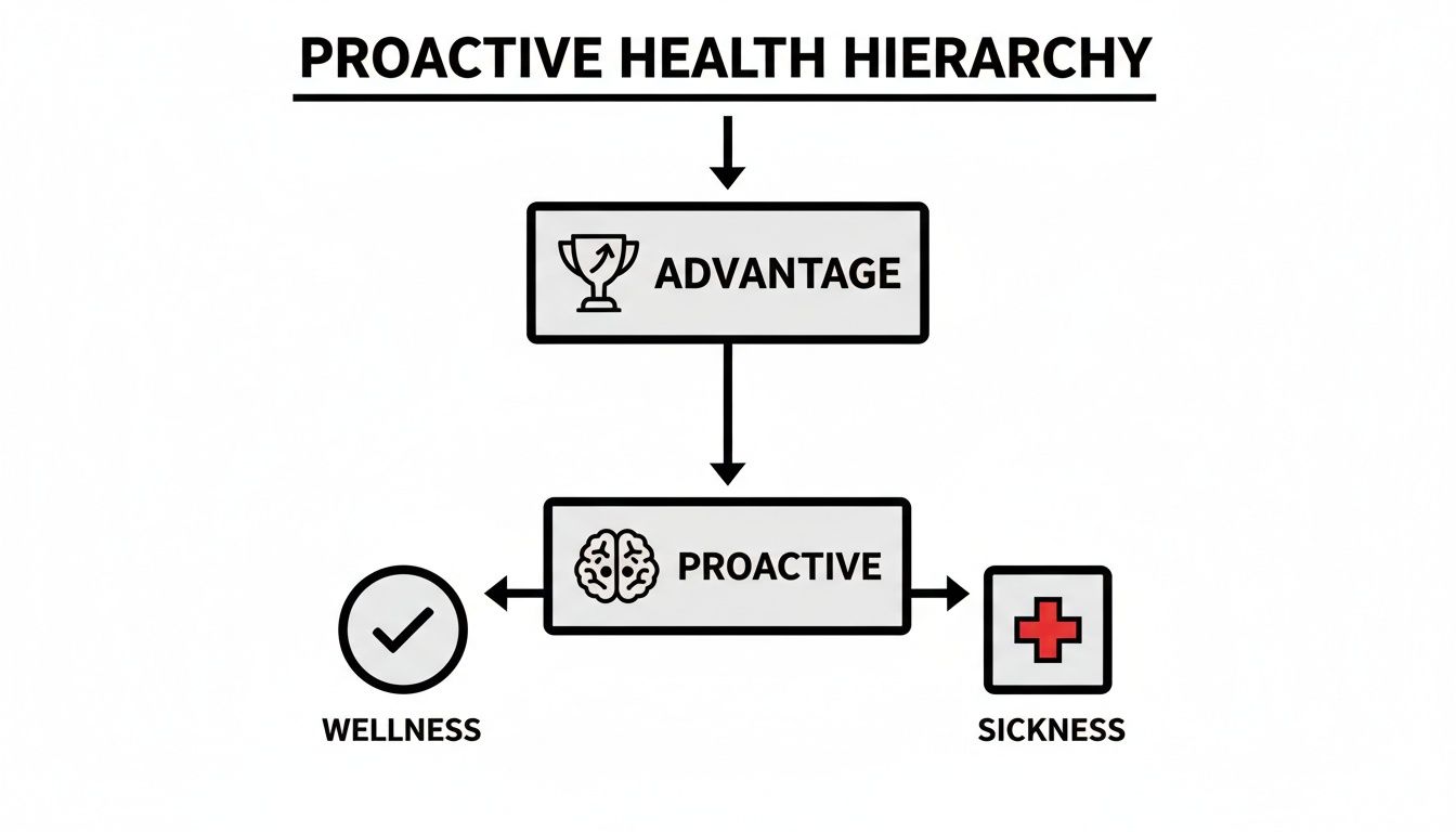 Flowchart showing Proactive Health Hierarchy: Advantage leads to Proactive, which connects Wellness and Sickness.