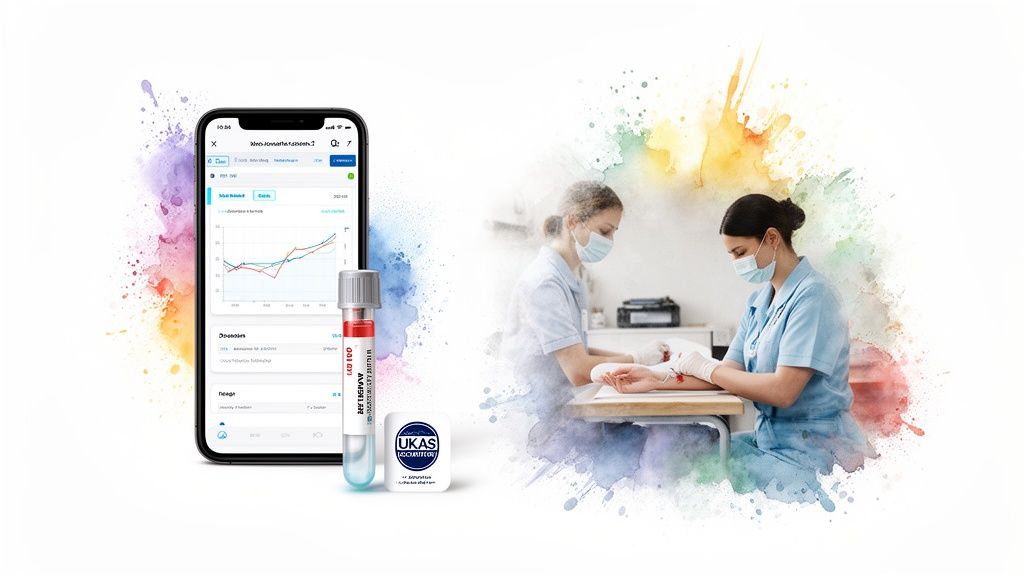 Healthcare app displaying patient data, blood test tube, and nurses performing a blood draw.