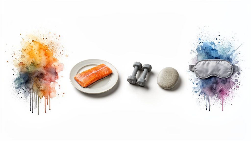A visual representation of a healthy lifestyle with salmon, dumbbells, a stone, and a sleep mask.