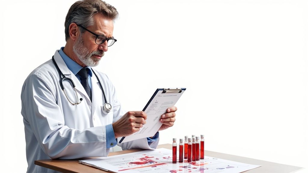 A person looking at a health report on a tablet with colourful graphs, while sitting at a kitchen table with healthy food nearby.