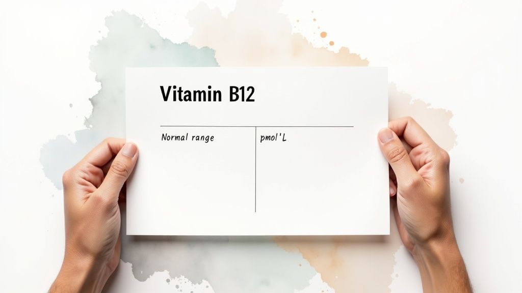 Two hands holding a white paper with 'Vitamin B12' heading and a table showing 'Normal range' in 'pmol/L'.