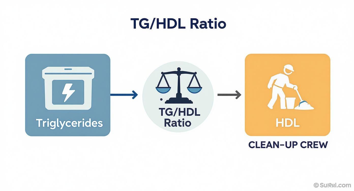Diagram illustrating the relationship between triglycerides, TG/HDL ratio balance, and HDL as the clean-up crew.