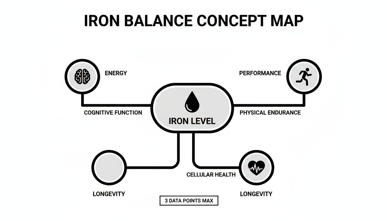 A concept map illustrating the impact of iron level on cognitive function, performance, cellular health, and longevity.