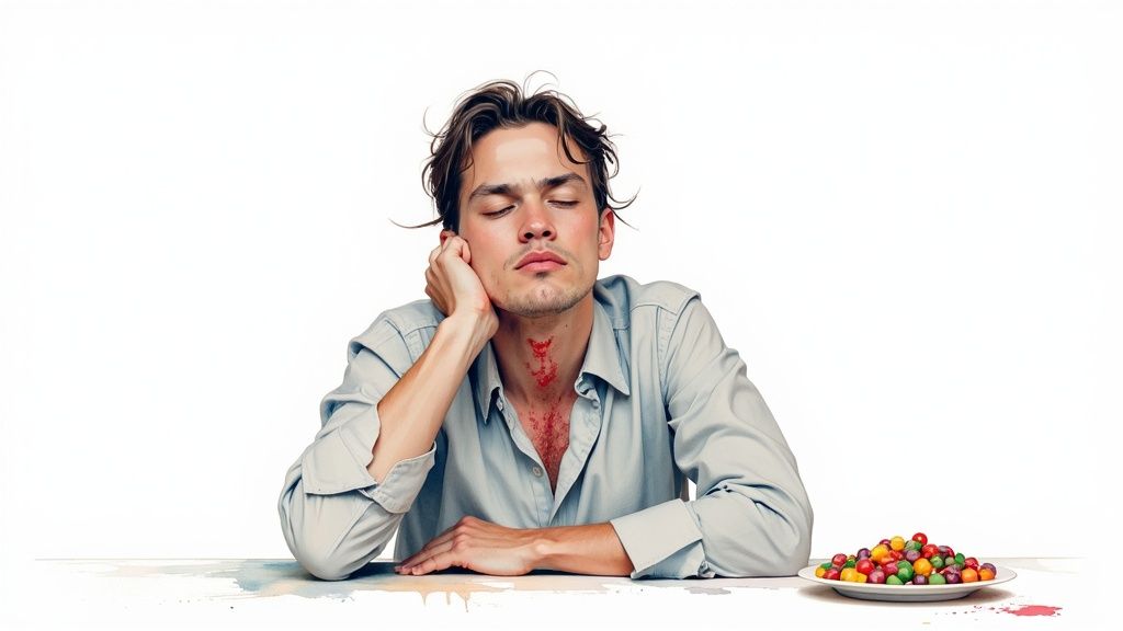 A person looking thoughtfully at their reflection in a window, representing self-awareness of health signals.