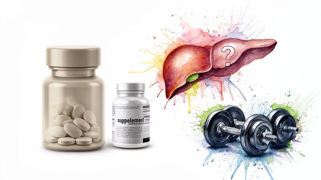 Supplements, dumbbells, and a liver with a question mark, illustrating the impact of fitness and drugs on liver health.