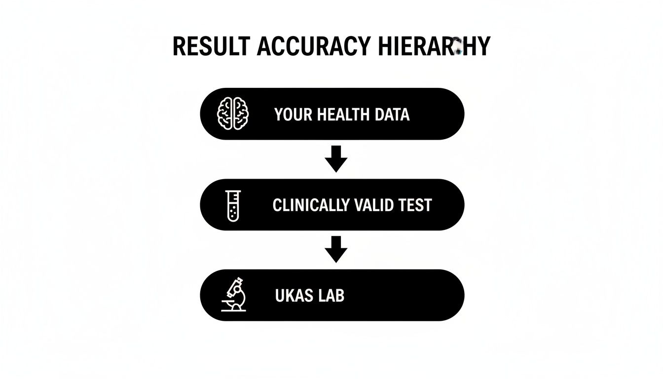 A flowchart illustrates the result accuracy hierarchy: health data, clinically valid test, and UKAS lab.
