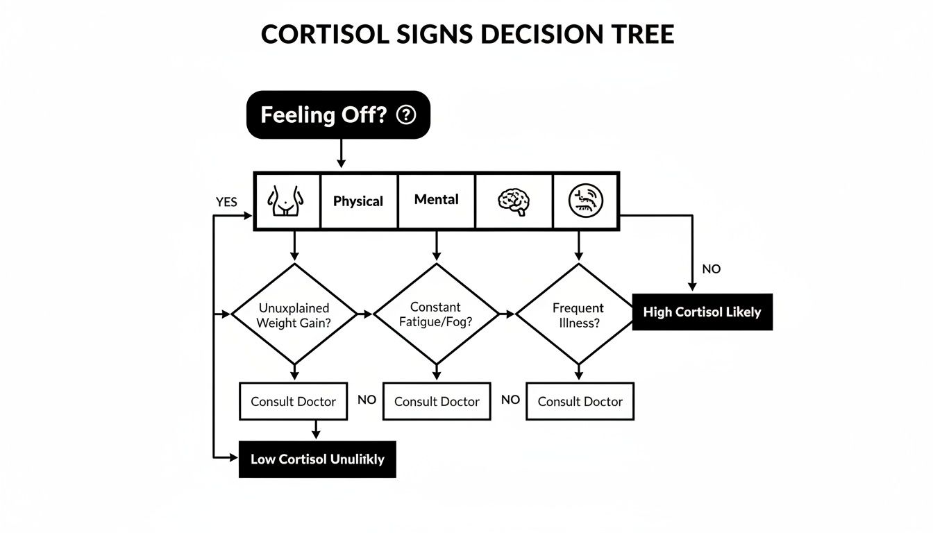 A decision tree diagram illustrating cortisol signs, guiding users through physical and mental symptoms.