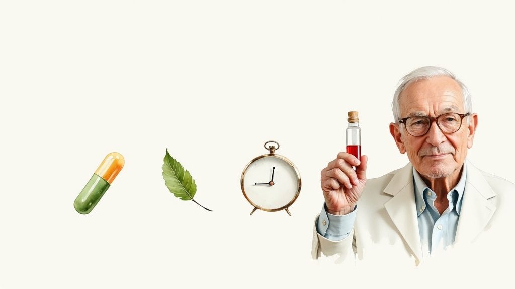 A person's hand holding a test tube with a blood sample, with a serene, natural background suggesting health and vitality.
