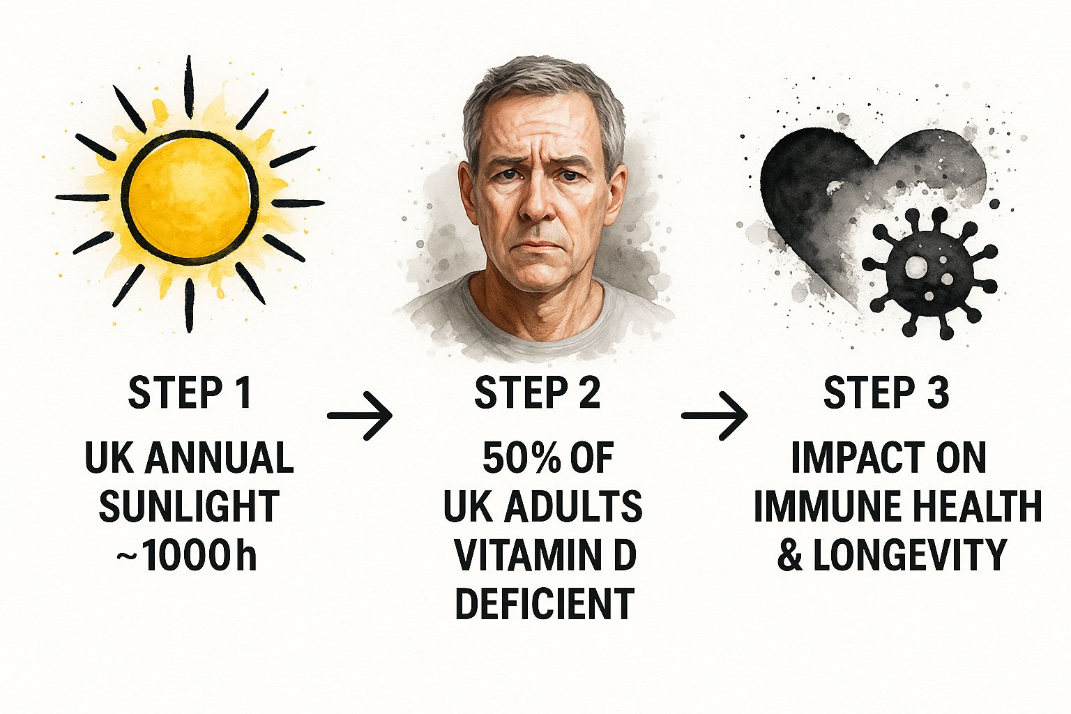 Infographic showing the process from limited UK sunlight to widespread Vitamin D deficiency and its impact on health and longevity.