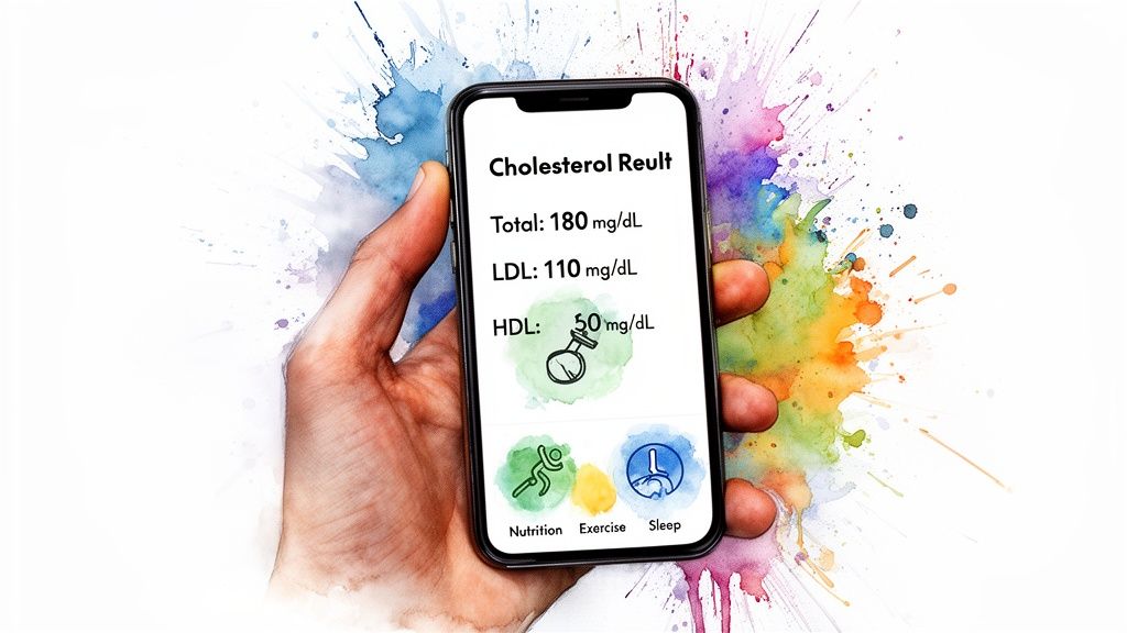 A hand holds a smartphone displaying cholesterol test results with total, LDL, and HDL levels, plus lifestyle icons.