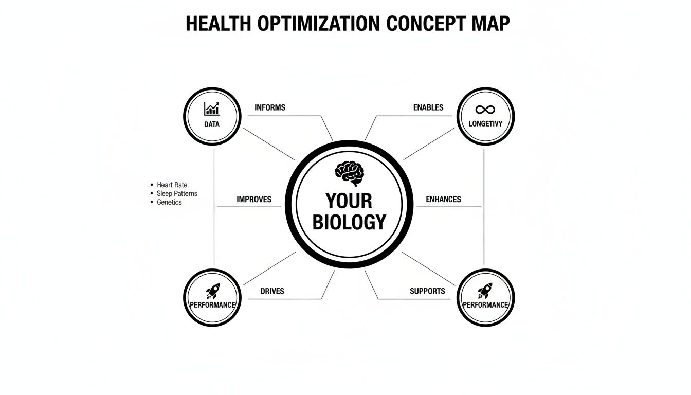 A health optimization concept map showing 'Your Biology' connected to 'Data', 'Longevity', and 'Performance'.