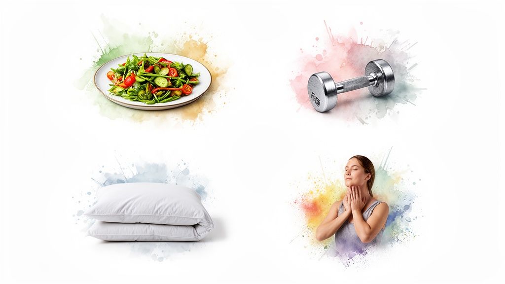 Four watercolor sections displaying salad, a dumbbell, two pillows, and a woman meditating, symbolizing a healthy lifestyle.