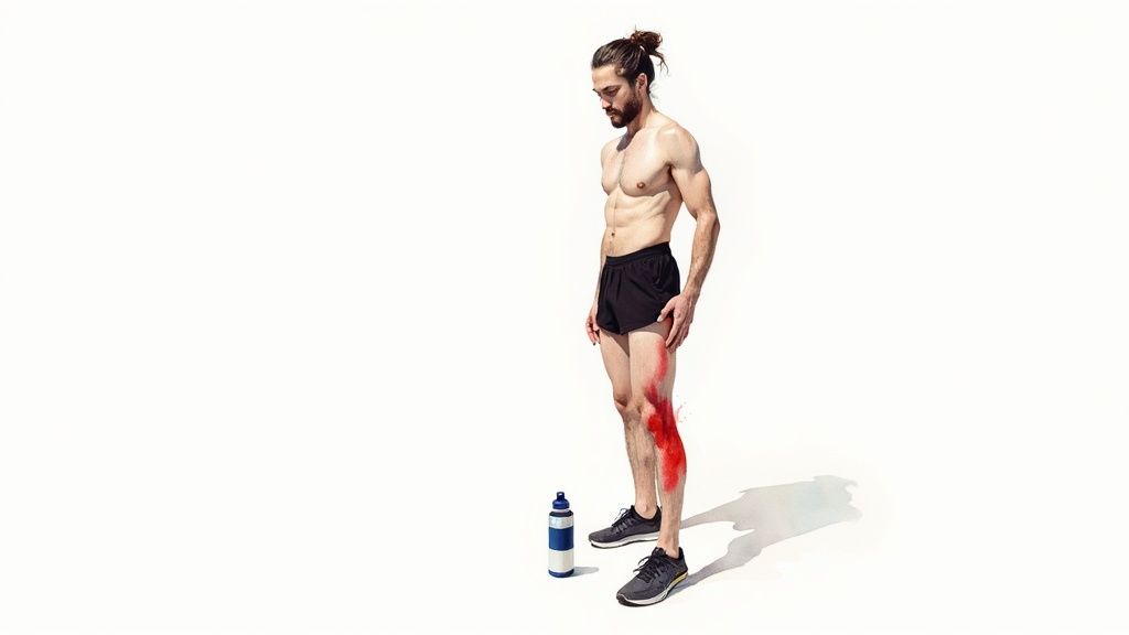 Athletic man looking at a red, simulated injury on his leg, with a water bottle.