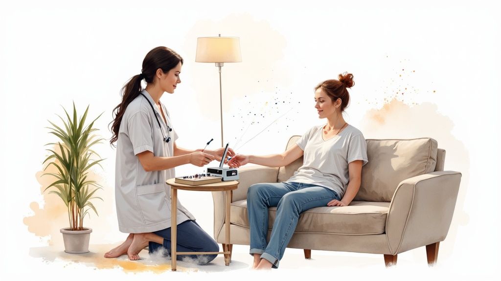 A trained phlebotomist professionally drawing blood from a patient's arm in a clean, home setting.