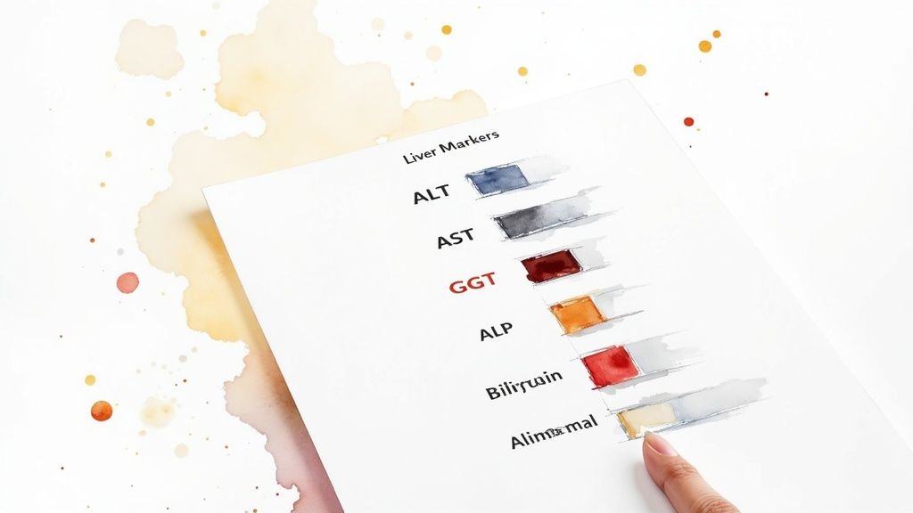 A hand points to a watercolor chart of liver function markers including ALT, GGT, and Bilirubin.