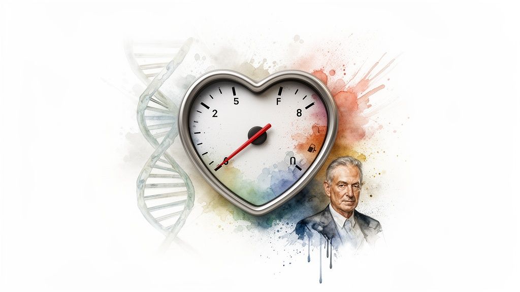 A heart-shaped gauge, DNA helix, and a man's portrait, symbolizing health and genetics.