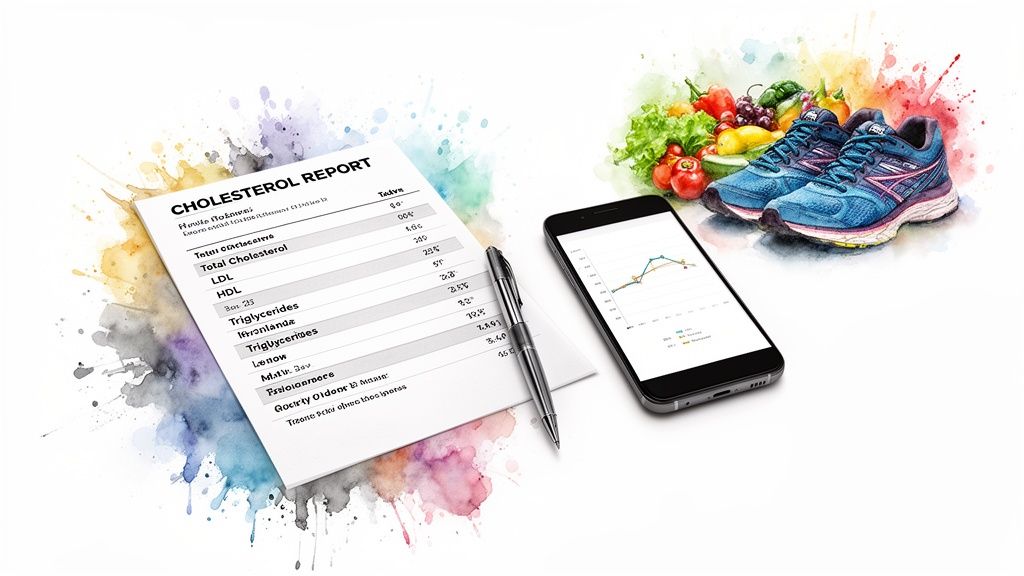 Cholesterol report, smartphone, healthy food, and running shoes, symbolizing health management.