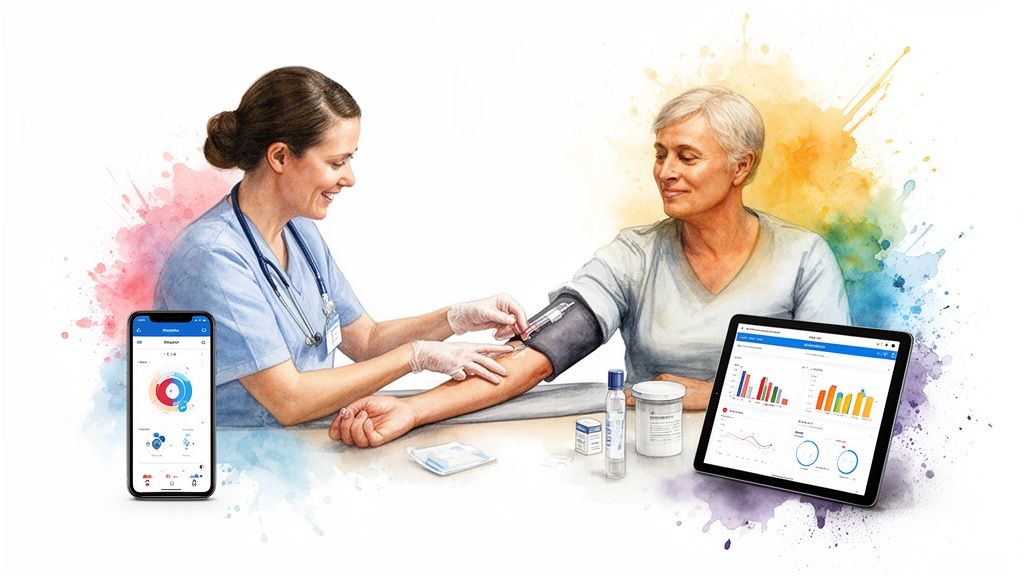 Healthcare professional collecting blood from a senior patient, with health data displayed on a smartphone and tablet.