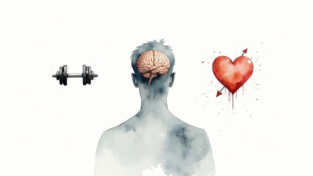 Watercolor illustration of a human silhouette with a brain, dumbbell, and heart, representing mind, body, and emotions.