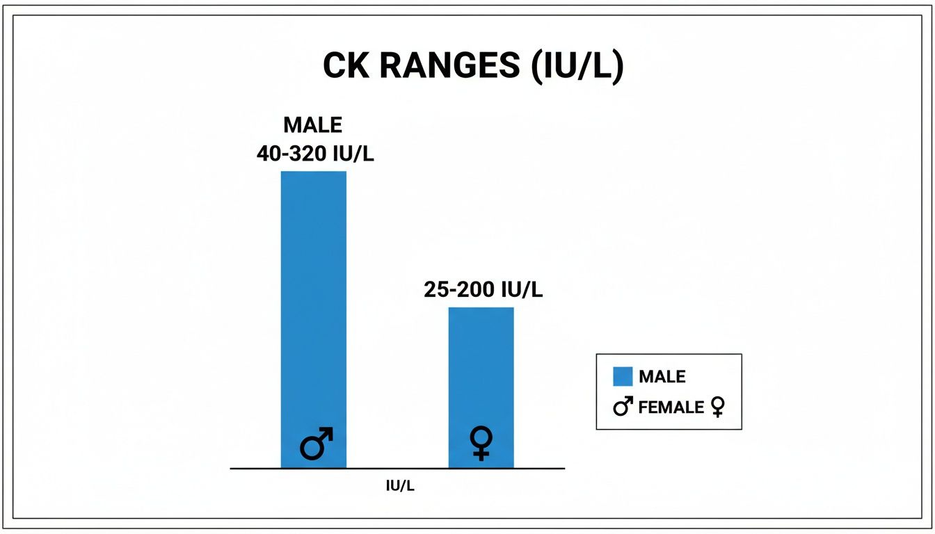 Bar chart illustrating normal CK ranges: males 40-320 IU/L and females 25-200 IU/L.