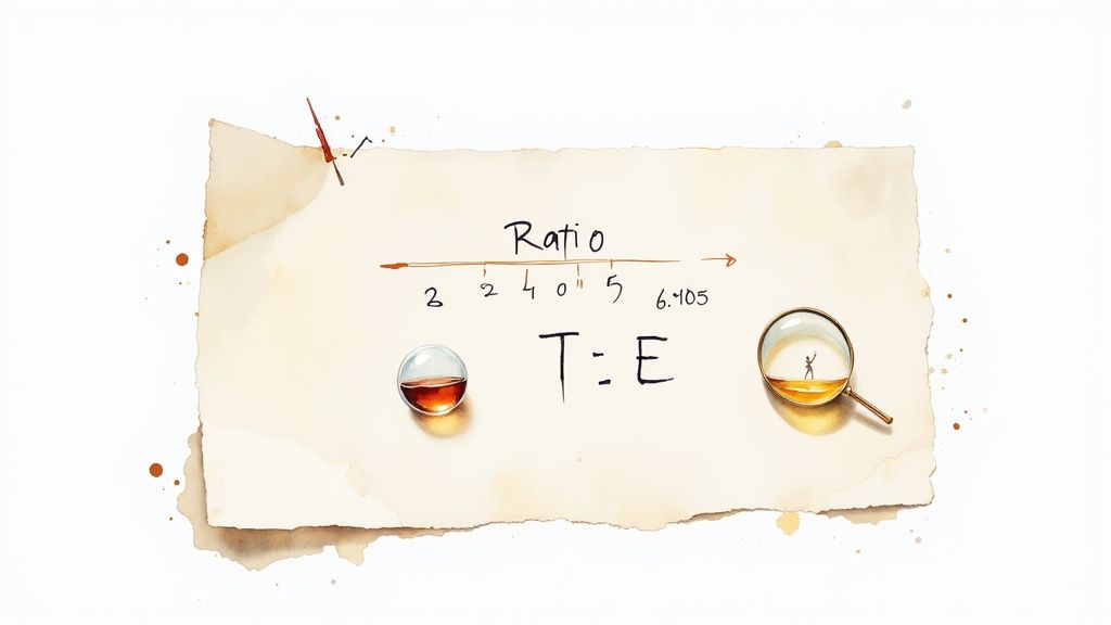 A watercolor illustration on paper showing 'Ratio', 'T:E', a number line, a glass, and a magnifying glass.