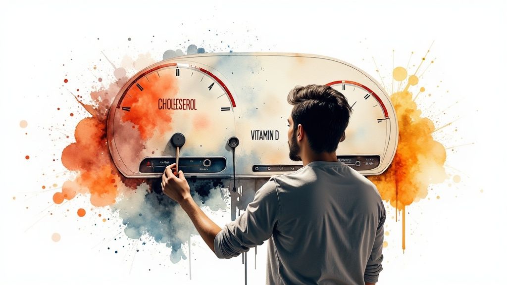 A person using a home blood test kit to collect a finger-prick sample.