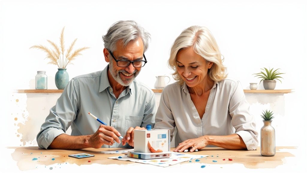 A person using a lancet to take a blood sample from their finger for a home cholesterol test.