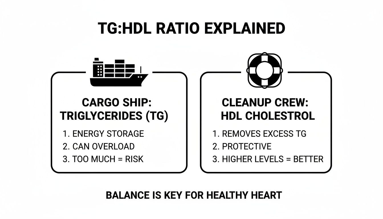 Infographic explaining TG:HDL ratio using cargo ship and cleanup crew analogy for heart health.
