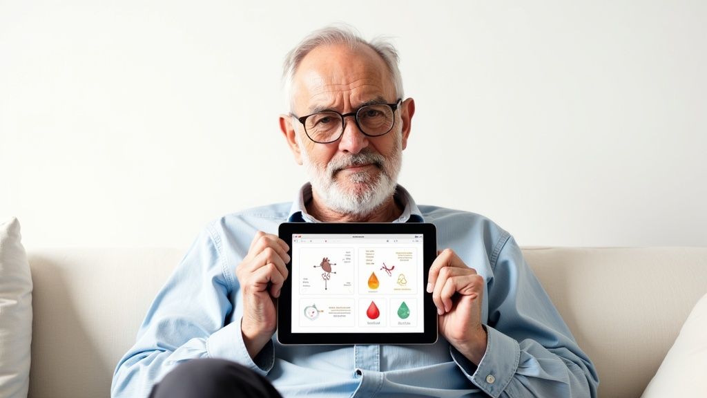 A person using a lancet for an at-home blood test, with a test kit on a table.