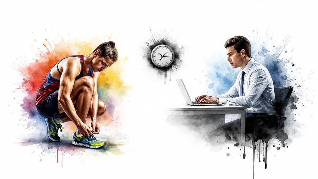 Watercolor illustration of an athlete tying shoes and a businessman working on laptop, with a central clock.